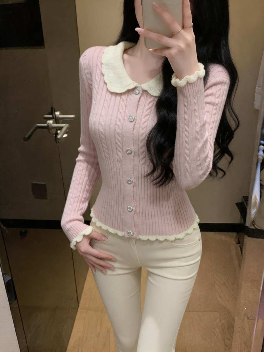 Women's Sweet Doll Collar Cable Knit Cardigan Long Sleeve Top - Style 3c36ef - Image 2