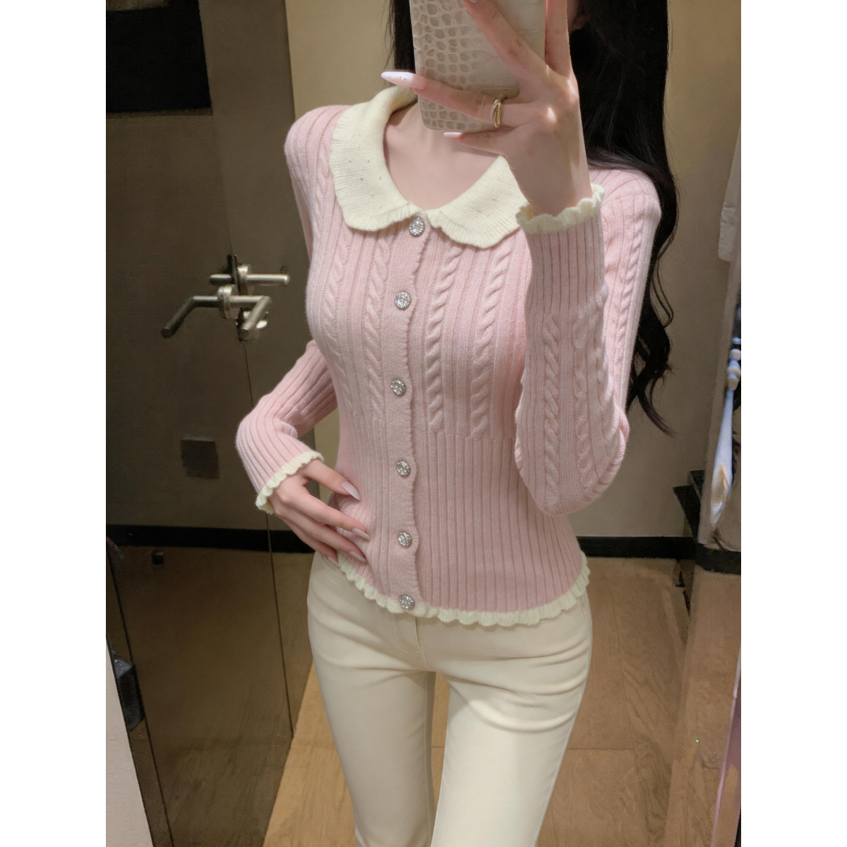 Women's Sweet Doll Collar Cable Knit Cardigan Long Sleeve Top - Style 3c36ef - Image 5