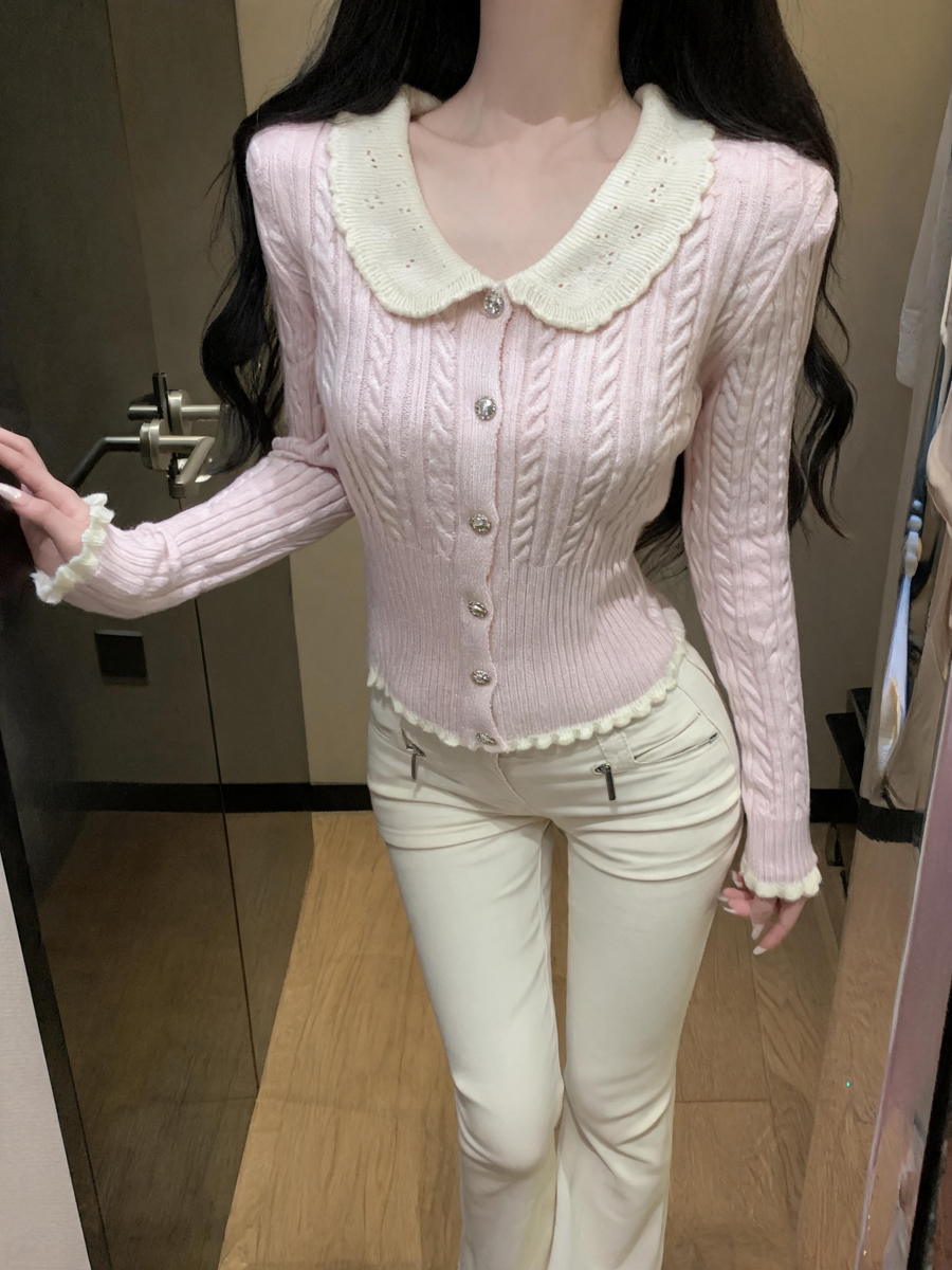 Women's Sweet Doll Collar Cable Knit Cardigan Long Sleeve Top - Style 3c36ef - Image 3
