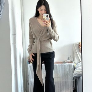 Women's Cross-Front Knit Top in Oatmeal, One Size, Multi-Way Wear