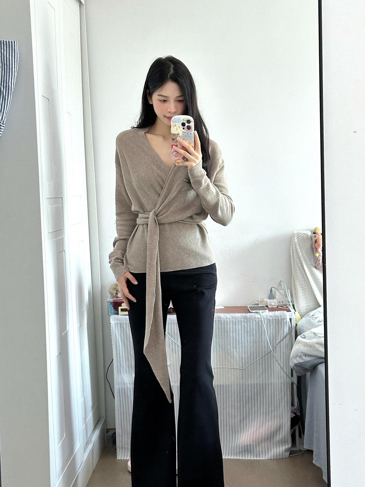 Women's Cross-Front Knit Top in Oatmeal, One Size, Multi-Way Wear