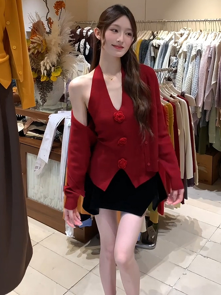 Red Knit Cardigan and Vest Set for Women Early Autumn 2026 - Style 6b5182