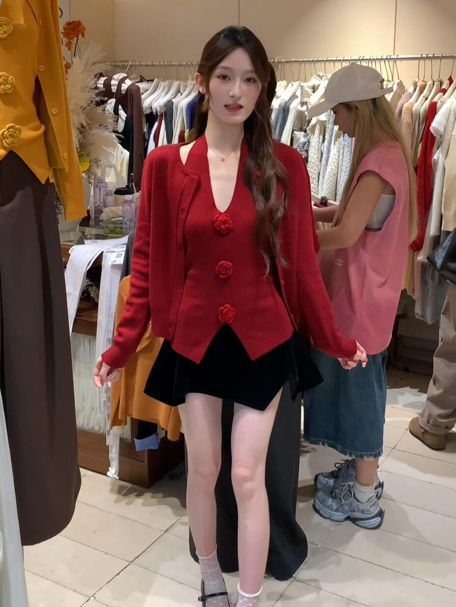Red Knit Cardigan and Vest Set for Women Early Autumn 2026 - Style 6b5182 - Image 3