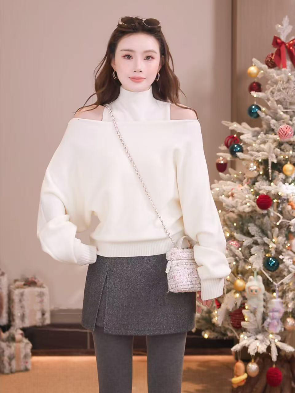 Women's Two-Piece Half Turtleneck Knit Vest and Off-Shoulder Sweater Set - Image 2