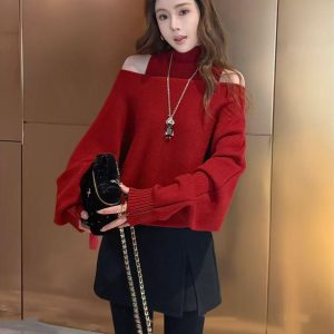 Women's Two-Piece Half Turtleneck Knit Vest and Off-Shoulder Sweater Set