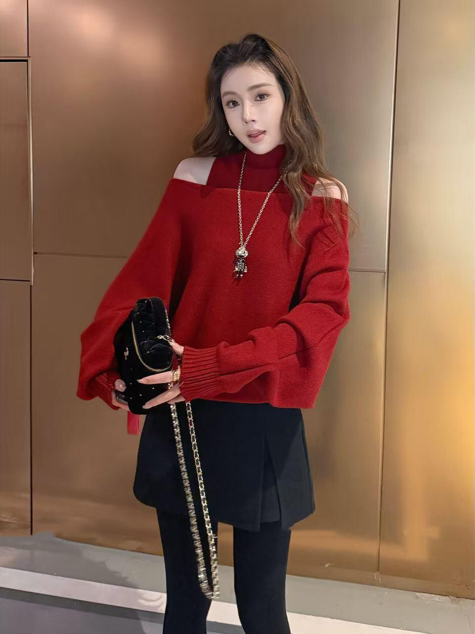 Women's Two-Piece Half Turtleneck Knit Vest and Off-Shoulder Sweater Set