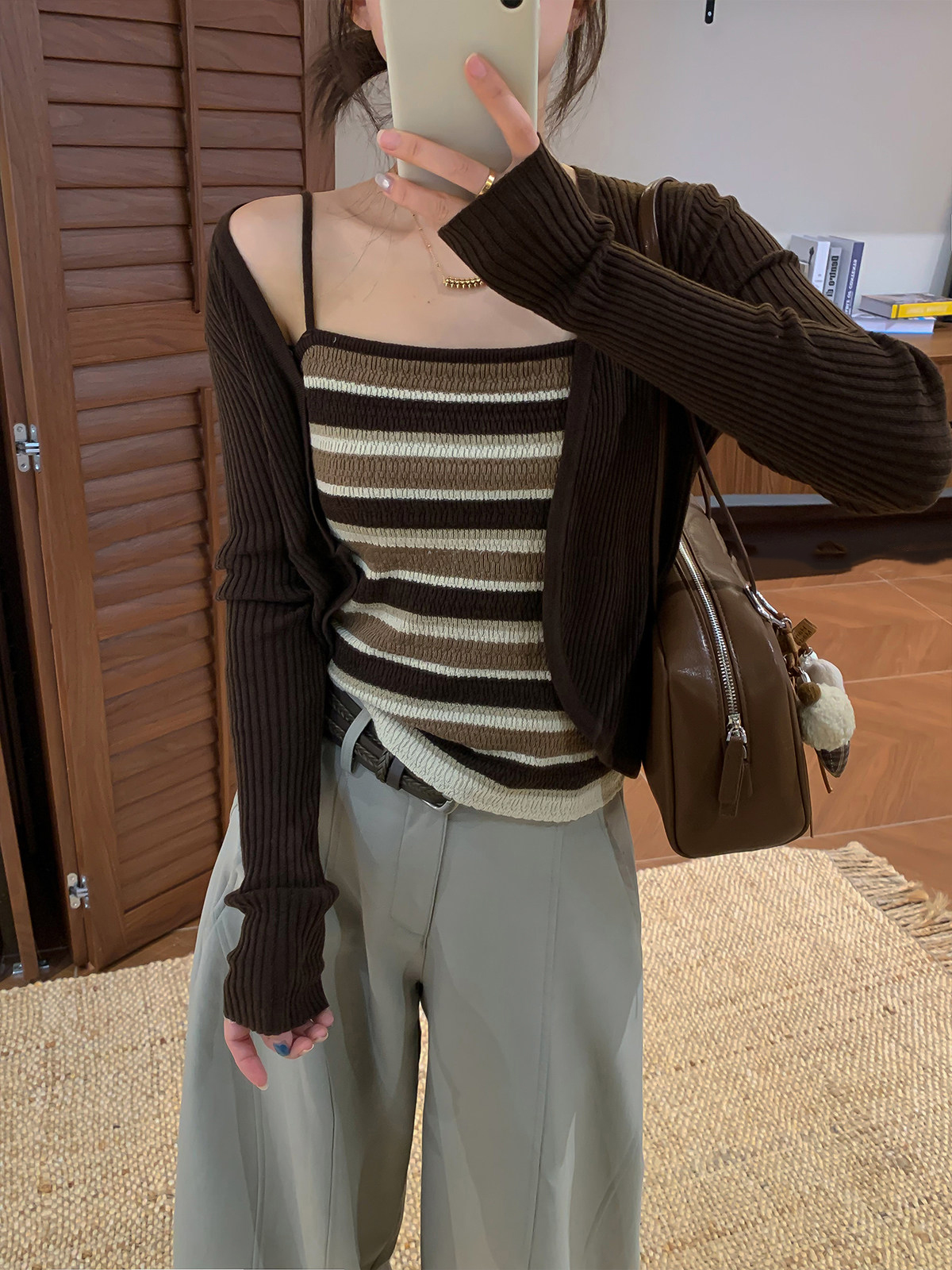 Women's Striped Knit Cami and Cardigan Two-Piece Set for Fall - Style 6b5567 - Image 2