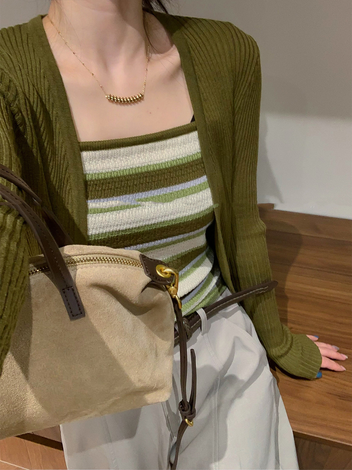 Women's Striped Knit Cami and Cardigan Two-Piece Set for Fall - Style 6b5567 - Image 3