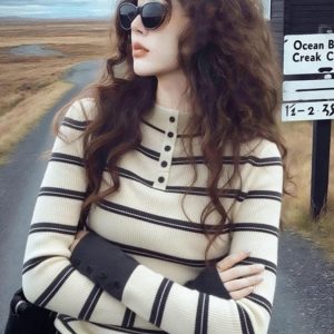 Color Striped Knit Sweater Fall Winter Women's Fashion Top