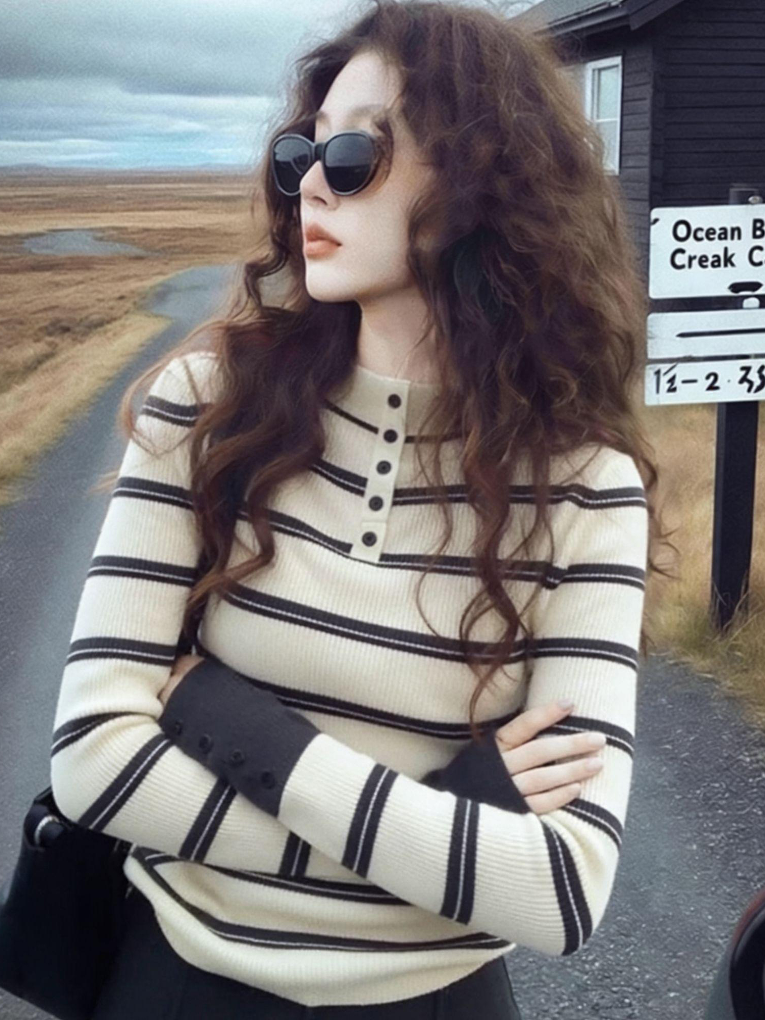 Color Striped Knit Sweater Fall Winter Women's Fashion Top