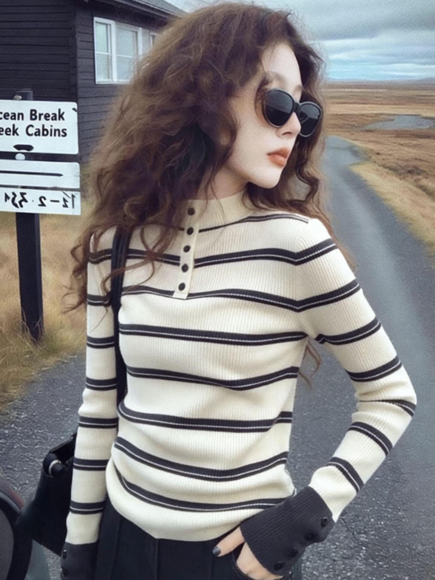 Color Striped Knit Sweater Fall Winter Women's Fashion Top - Image 2