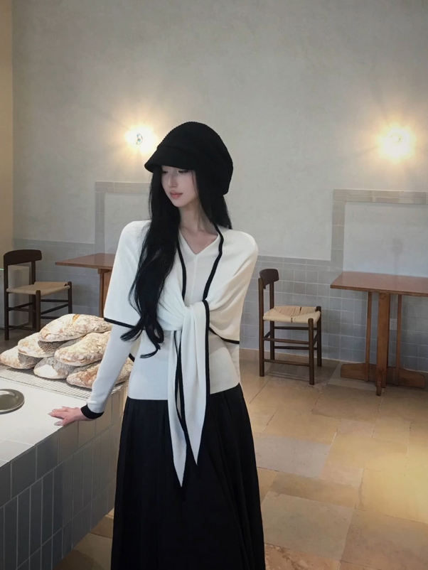 Korean Style Two-Piece Knit Sweater Set with Triangle Shawl Design Slimming Long Sleeve Top Fall - Image 3
