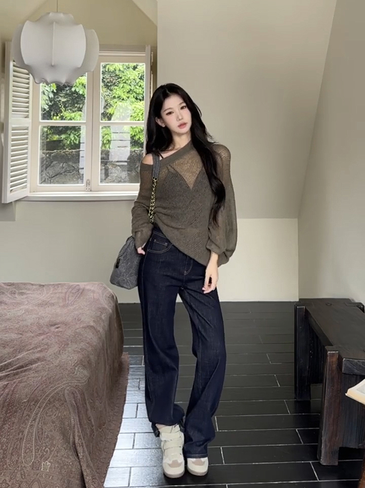 Off-Shoulder Cutout Knit Top Lazy Relaxed Loose Pullover Long Sleeve - Image 3