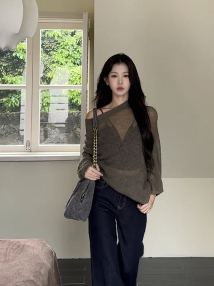 Off-Shoulder Cutout Knit Top Lazy Relaxed Loose Pullover Long Sleeve - Image 4
