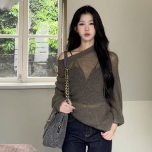 Off-Shoulder Cutout Knit Top Lazy Relaxed Loose Pullover Long Sleeve