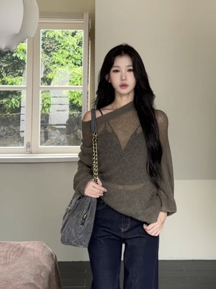 Off-Shoulder Cutout Knit Top Lazy Relaxed Loose Pullover Long Sleeve