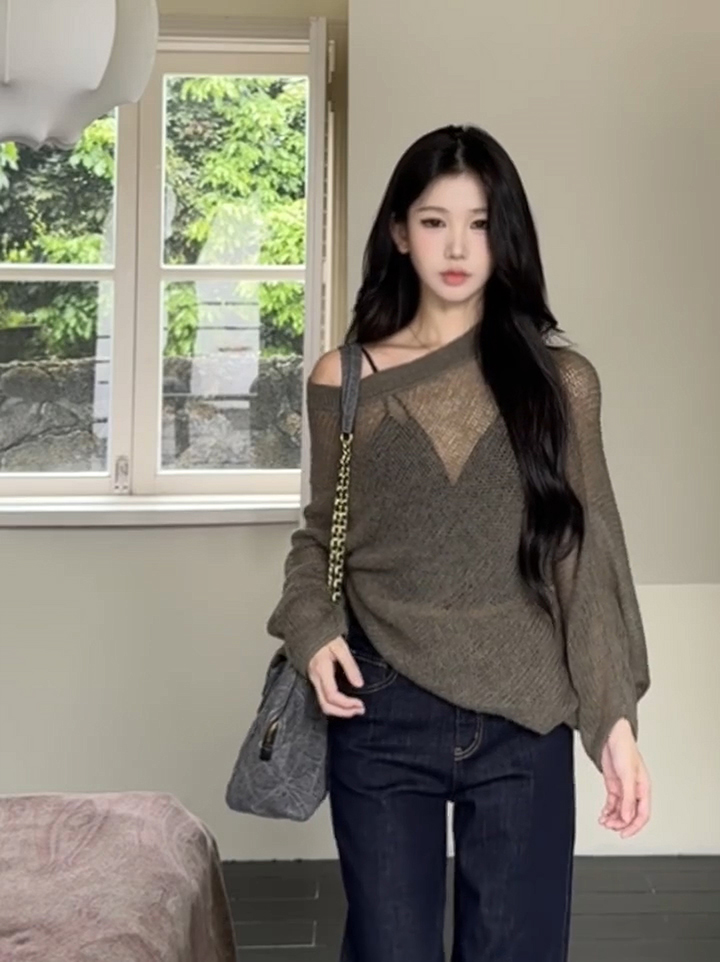 Off-Shoulder Cutout Knit Top Lazy Relaxed Loose Pullover Long Sleeve - Image 2