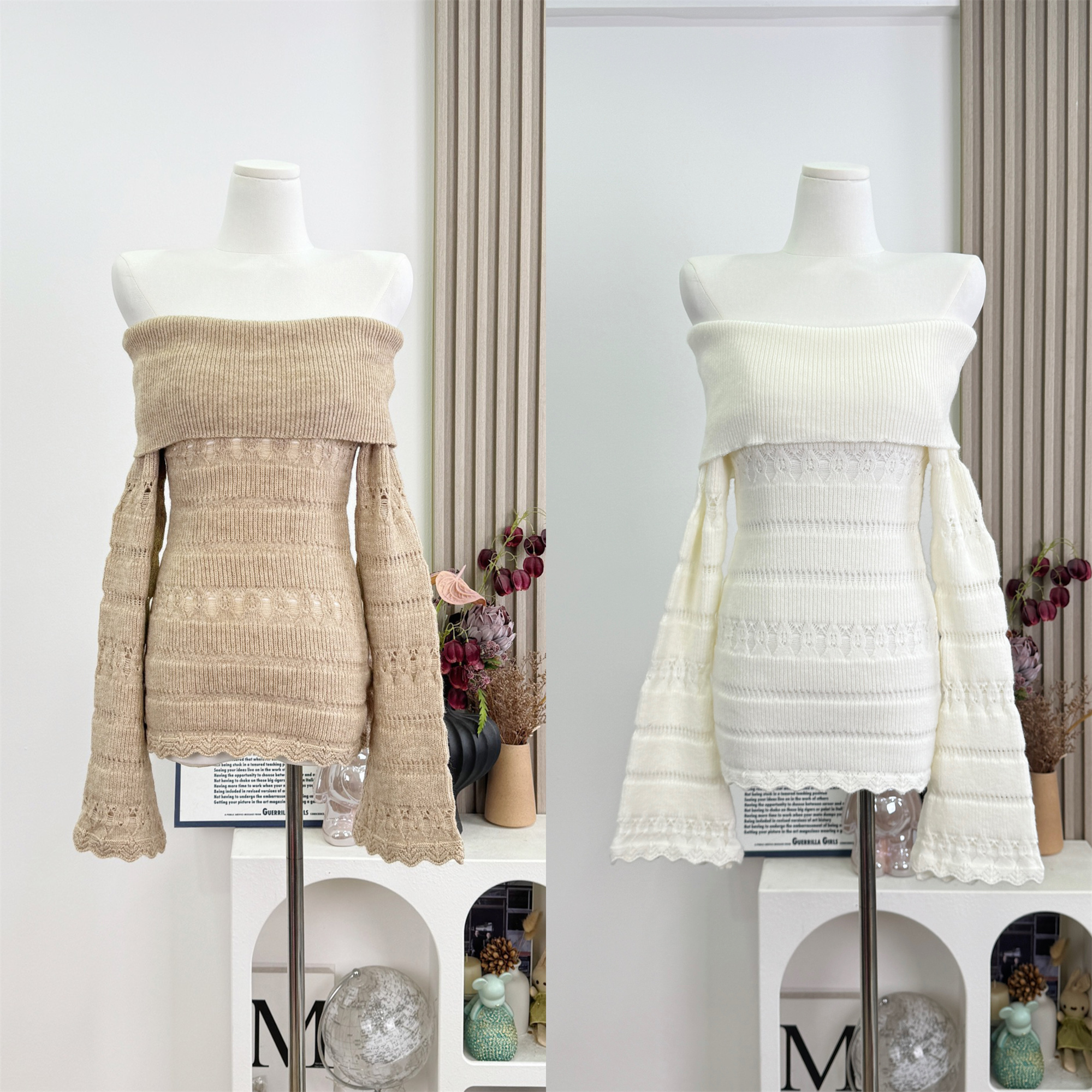 Ruoyu Custom White Chocolate Lover Off-Shoulder Cutout Flared Sleeve Bodycon Dress